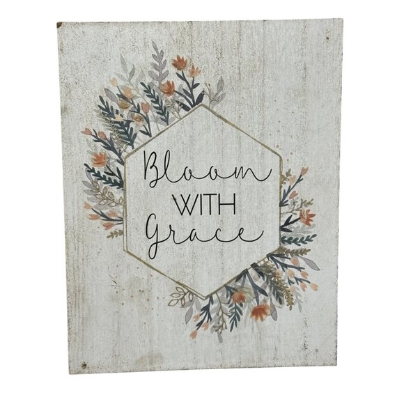Bloom With Grace Wooden Wall Art Decor - Floral Hexagon Design 9" x 7" READ - Picture 1 of 14
